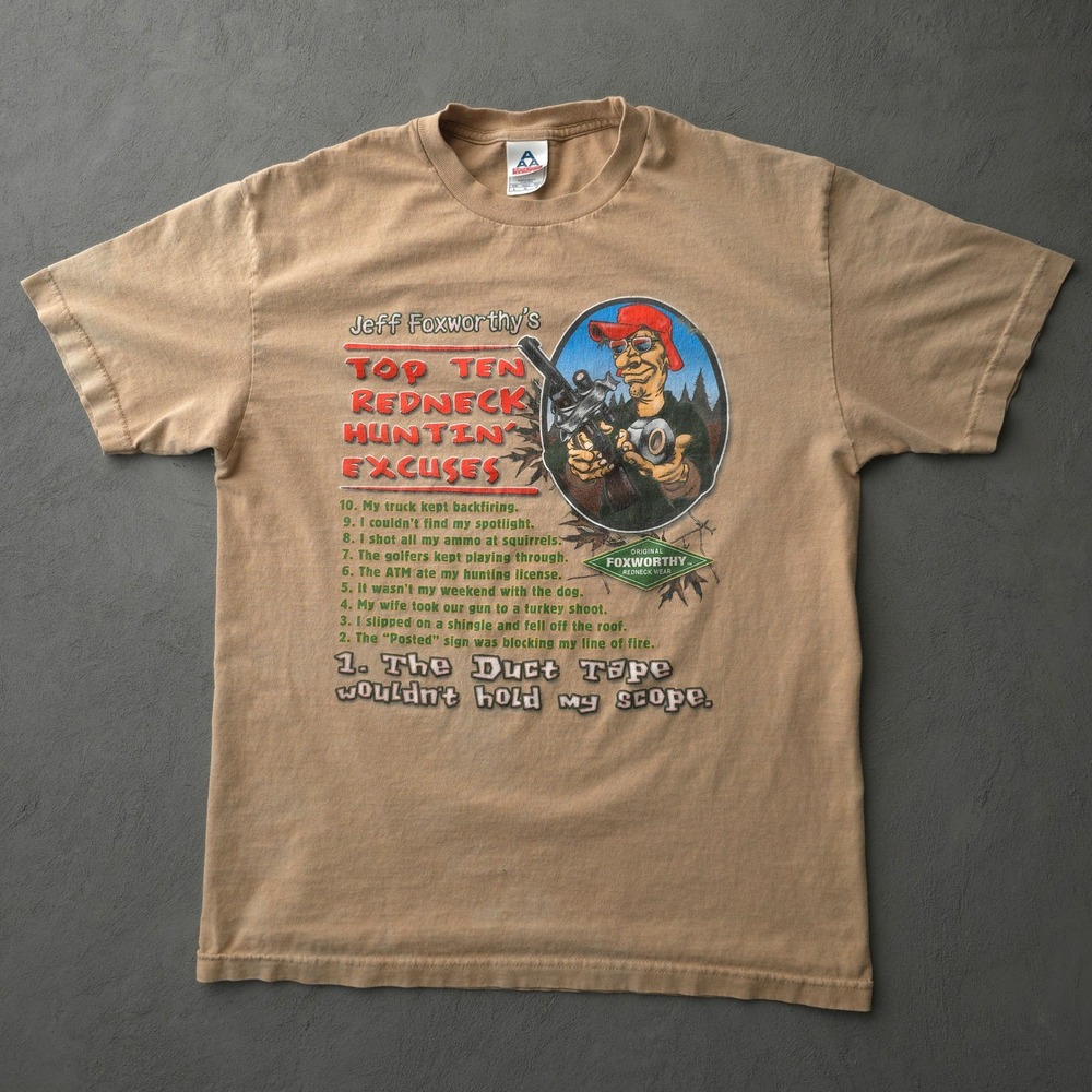 Jeff Foxworthy T-Shirt Mens Large Tan Redneck Hunting Excuses Humor 2000s